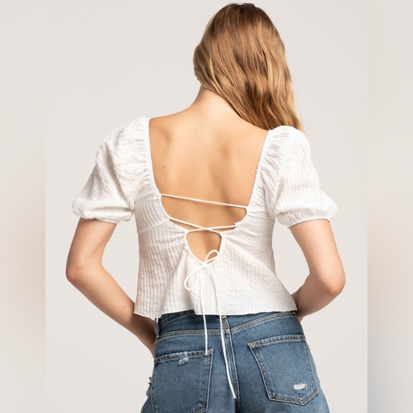 Tilly’s Full Tilt White Crinkle Cinch Puff Sleeve Open Back Top size XS - Picture 2 of 10